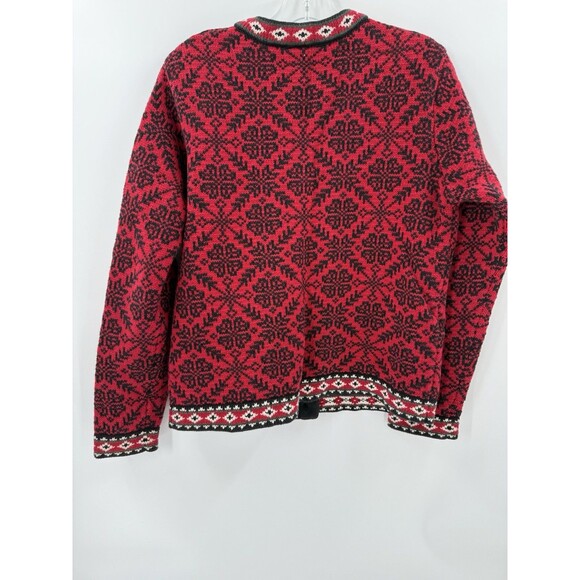 L.L. Bean Women’s Red Black Nordic Fair Isle Sweater Cardigan Cotton Size Medium - Picture 4 of 12